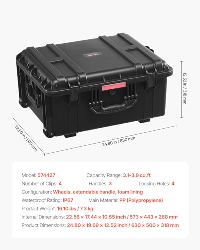 VEVOR Weatherproof Hard Case, Heavy Duty Protective Dry Box Case with Pre-Cut Foam, Wheel Retractable Pull Handles for Travel, Hunt, Military, Tactical, IP67 Waterproof Case for Camera(24.8*19.7*12.5) - size: 24.8*19.69*12.52in