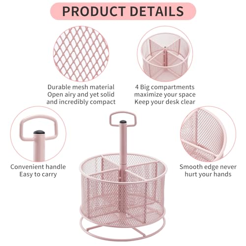 Marbrasse Mesh Desk Organizer, 360-Degree Rotating Multi-Functional Pen Holder, 4 Compartments Desktop Stationary Organizer, Home Office Art Supply Storage Box Caddy (Pink) - color: Pink