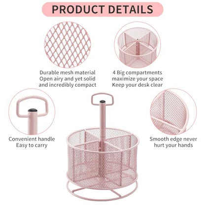 Marbrasse Mesh Desk Organizer, 360-Degree Rotating Multi-Functional Pen Holder, 4 Compartments Desktop Stationary Organizer, Home Office Art Supply Storage Box Caddy (Pink) - color: Pink
