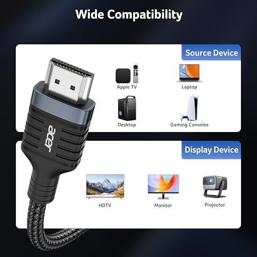 Acer HDMI 2.1 Cable 6.6FT, [8K@60Hz, 4K@120Hz] 48Gbps Ultra High-Speed Braided Cord Supports HDR10+/HDCP 2.2 & ARC/eARC, Certified HDMI Cable Compatible with PS5, PS4, Xbox, Monitors, Laptops, HDTV
