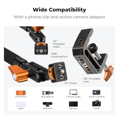K&F CONCEPT 22" Magic Arm Clamp Kit, Flexible Desk Camera Mount, Long Articulating Friction Boom Arm for Phone, Action Camera, LED Light, Microphone