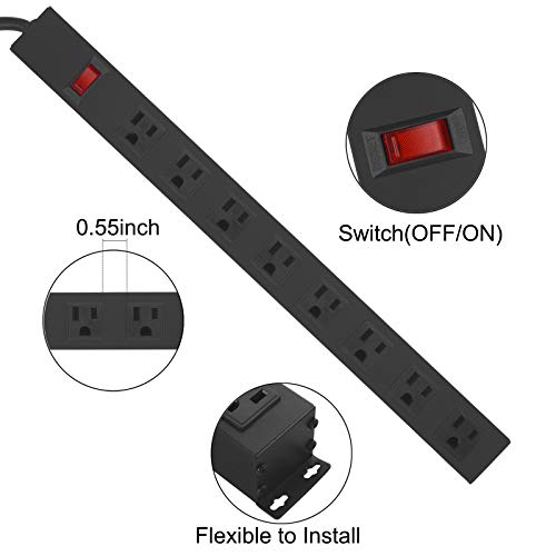 HHOSET Heavy Duty Long 8 Outlets, 14AWG Extension Cord, Black, 6FT, 1 | Metal, Wall Mountable Power Strips with Surge Protection, Switch, Office Under Desk Accessories, Wide Spaced - size: 6ft