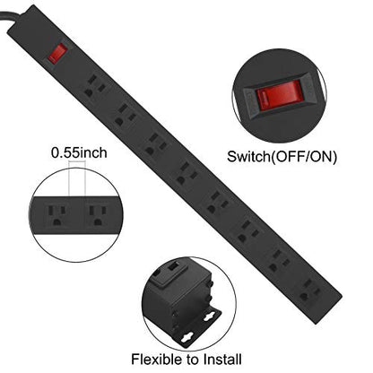HHOSET Heavy Duty Long 8 Outlets, 14AWG Extension Cord, Black, 6FT, 1 | Metal, Wall Mountable Power Strips with Surge Protection, Switch, Office Under Desk Accessories, Wide Spaced - size: 6ft