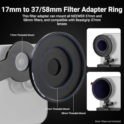 NEEWER Phone Holder with 17mm Phone Adapter & 17–37/58mm Filter Ring, Universal Adjustable Phone Tripod Mount Accessories Compatible with iPhone 17 Pro Max 16 S25 Ultra, PA047 PRO - style: PA047 PRO