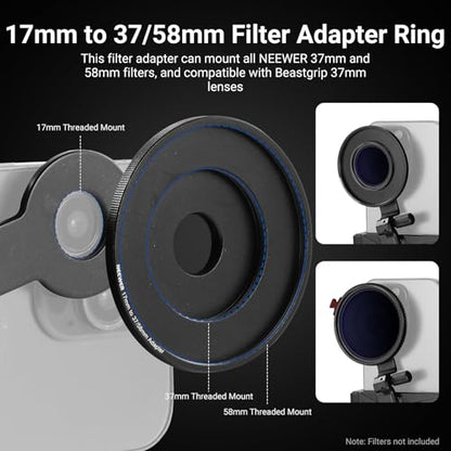 NEEWER Phone Holder with 17mm Phone Adapter & 17–37/58mm Filter Ring, Universal Adjustable Phone Tripod Mount Accessories Compatible with iPhone 17 Pro Max 16 S25 Ultra, PA047 PRO - style: PA047 PRO