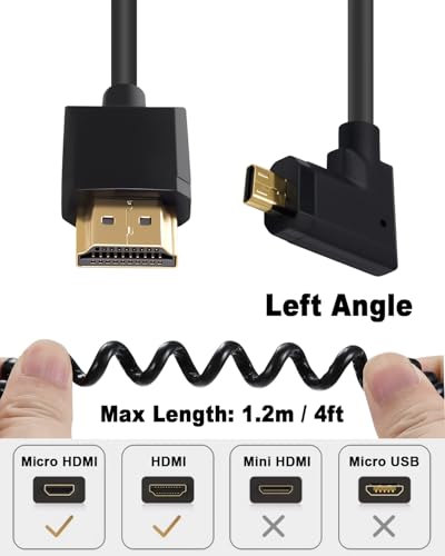 Duttek 4K Micro HDMI to HDMI Coiled Cable 1Ft-4FT, Extreme Slim Left Angled 90 Degree HDMI to Micro HDMI Cable for 1080P, 4K, Ultra HD, 3D Black - size: Left Angled