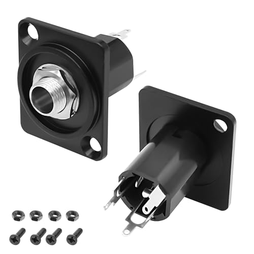MEIRIYFA 6.35mm Stereo Audio Panel Mount Socket, D-Type 1/4 Inch TRS/TS Female Stereo Audio Connector Panel/Chassis Mount for Microphone Speaker Amplifier Mixer - 2 Pack (Black) - color: Black