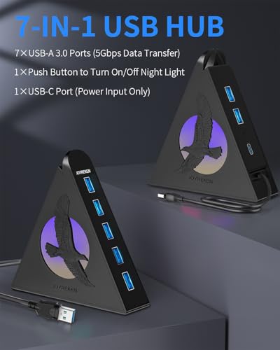 7 Port USB Hub, USB 3.0 Data Hub with 2 ft Long Cable,RGB Night Light,Multi Port Gaming Hub for PC, Laptop, Flash Drive, Keyboard, Mouse, Console, Xbox, PS4/PS5, iMac, Flash Drive, HDD - color: 6-Egale Black