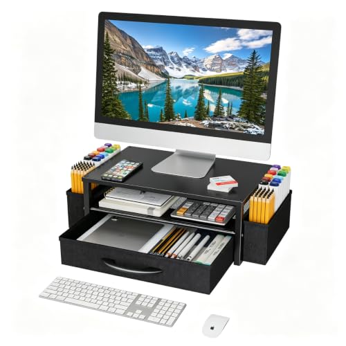 Ekisemio Desk Organizer and Accessories, 2-Tier Computer Monitor Stand Riser with Drawer & 2 Pen Holders - Multi-Functional Desk Organizer for Laptop, Printer & Home Office Supplies, Black