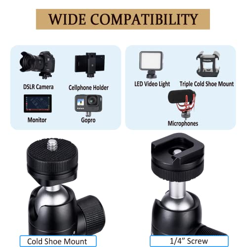 Camera Tripod Mini Ball Head with Cold Shoe Mount,360° Panoramic Aluminum Alloy Ball Head Mount with 1/4" Screw for DSLR Camera,Cell Phone,Monitor,LED Video Light,Microphone