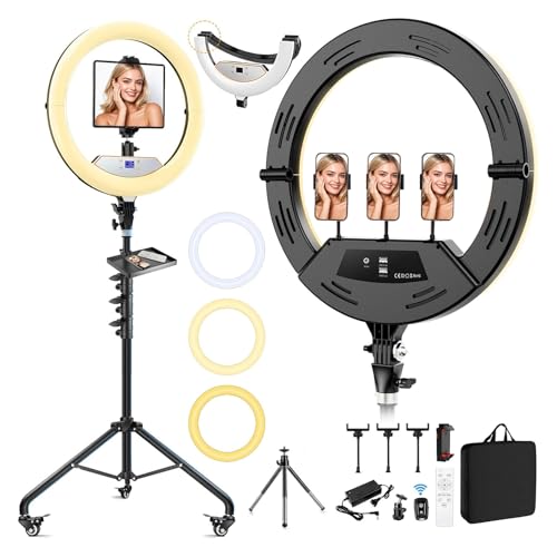 18" Large Ring Light with Stand, Upgraded Foldable LED Big Ringlight with 75" Tripod & Wheel Tray for Live Tattoo Makeup Video Recording Barber Photography - size: 18 INCH