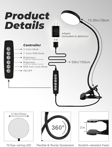 Clip on Light,10 RGB Colors+10 Brightness Clip on Desk Lamp with Clamp, 500 Lumen Bright 72 LED Desk Light, USB Adapter Reading Lights for Books in Bed/Headboard/Bedside Table/Bedroom/Dorm/Home Office - color: Black