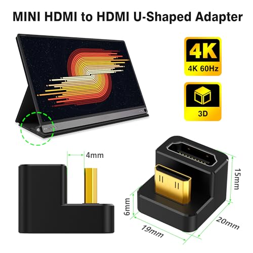 AGVEE 180 Degree Angled USB-C to USB-C Adapter and Long Side Inward U-Shaped Mini HDMI to HDMI Converter, HDMI 2.0 4k@60HZ, Coupler Extender Extension for Portable Display Monitor, Black - size: 1 Pack Long Side Inward
