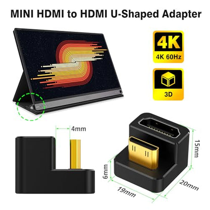 AGVEE 180 Degree Angled USB-C to USB-C Adapter and Long Side Inward U-Shaped Mini HDMI to HDMI Converter, HDMI 2.0 4k@60HZ, Coupler Extender Extension for Portable Display Monitor, Black - size: 1 Pack Long Side Inward