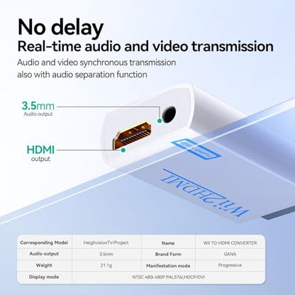 GANA Wii to HDMI Converter 1080P Full HD, Wii HDMI Adapter with 3.5mm Audio & HDMI Output, Compatible with Wii/Wii U, HDTV, Monitor, Projector, Supports All Wii Display Modes - color: White