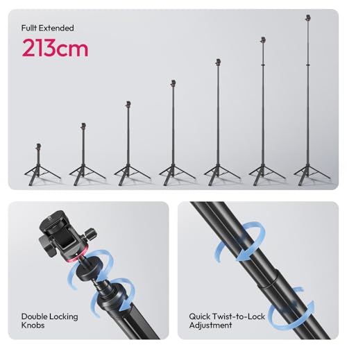 ULANZI MT-80 Aluminum Tripod Stand, 7FT Extendable Camera Phone Tripod for Travel, Auto Pop-Up, 1/4" Screw, 360 Ball Head Portable Photo Video Light Stand for DSLR Camera, Ring Light, Video Rig - size: 84 inch-Upgrade Pop-Up