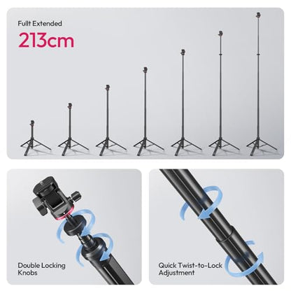 ULANZI MT-80 Aluminum Tripod Stand, 7FT Extendable Camera Phone Tripod for Travel, Auto Pop-Up, 1/4" Screw, 360 Ball Head Portable Photo Video Light Stand for DSLR Camera, Ring Light, Video Rig - size: 84 inch-Upgrade Pop-Up