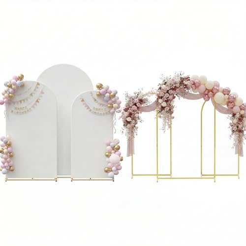 Toolterritary Set of 3 Metal Arch Backdrop Stand with Cover Set, (8FT, 7.2FT, 6.6FT Wedding Arch and Cover Set), Backdrop Arch for Party, Baby Shower, Birthday, and Graduation Ceremony - color: White, size: 8ft+7.2ft+6.6ft