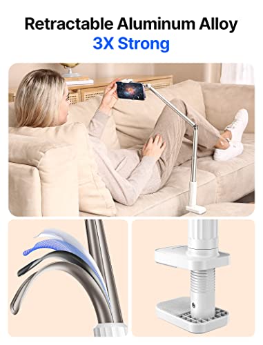JSAUX Phone Holder for Desk and Bed Compatible with iPhone 16 15 14 13 12 Overhead Phone Mount Gooseneck Phone Stand Flexible 360 Lazy Long Arm Clamp Clip for Table Bedside [1-Pack, White] - color: White