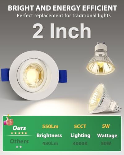zouzai 2 Inch Gimbal LED Recessed Lights, White, 1 Pack, with Junction Box, 360°+ 90° Adjustable, 5CCT 2700K-5000K, Dimmable, Canless Eyeball Downlight, CRI90+, 550LM 5W 120V, ETL - color: White-2 inch, size: 1 Pack