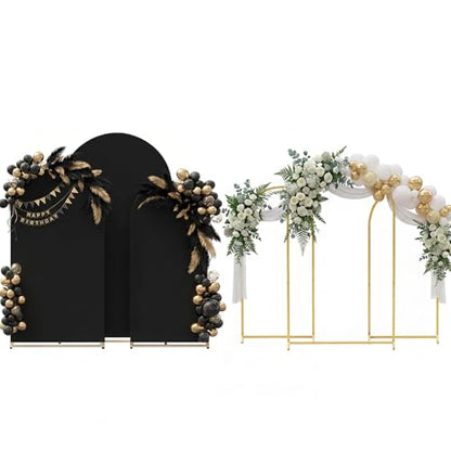 Toolterritary Set of 3 Metal Arch Backdrop Stand with Cover Set, (8FT, 7.2FT, 6.6FT Wedding Arch and Cover Set), Backdrop Arch for Party, Baby Shower, Birthday, and Graduation Ceremony - color: Black, size: 8ft+7.2ft+6.6ft