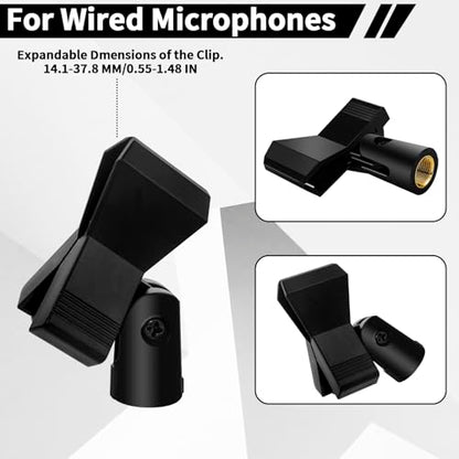 4 Pack Universal Adjustable Mic Clips for Stands, Wireless Microphone Holder with 5/8 to 3/8 Inch Adapter, 180° Adjustable Knob, Secure Clamp for Mic Stands