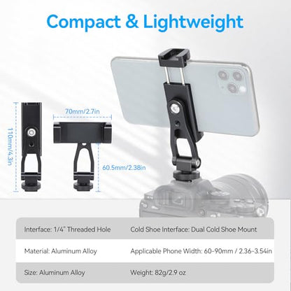 UTEBIT Universal Phone Tripod Mount with Cold Shoe Mount, 1/4" Thread 180° Tilt 360° Rotation Support Vertical and Horizontal, Adjustable Phone Clamp Holder for iPhone 17 16 15 14, for Samsung Galaxy