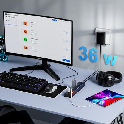 ONFINIO Powered USB Hub, 10-Port USB Splitter Hub (7 Faster Data Transfer Ports+ 3 Smart Charging Port) with Individual LED On/Off Switches and 12V/3A Power Adapter USB Extension for Mac, PC and More - style: 10 PORT QC 3.0