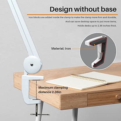 Task Lamp with Clamp, 23 Inch Lamp Head, Bright 182PCS LEDs,3 Color Temperatures, 4 Brightness Levels, Metal Swing Arm 20W 2200 Lumen Dimmable Led Desk Lamp (White, CCT) - color: White, CCT