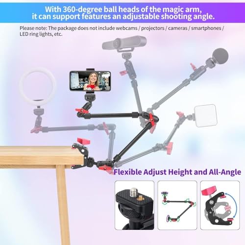 22" Articulating Magic Arm Camera Mount, Desk Clamp Overhead Mount | Anti-deflection lock, anti-slip pads, 0.55lb load, 1/4 3/8 5/8 adapters, aluminum, POV, light, phone, webcam, mic, vlogging