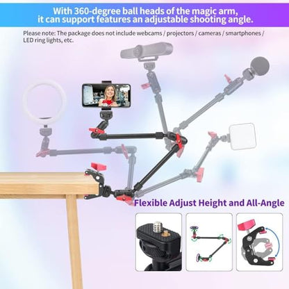 22" Articulating Magic Arm Camera Mount, Desk Clamp Overhead Mount | Anti-deflection lock, anti-slip pads, 0.55lb load, 1/4 3/8 5/8 adapters, aluminum, POV, light, phone, webcam, mic, vlogging
