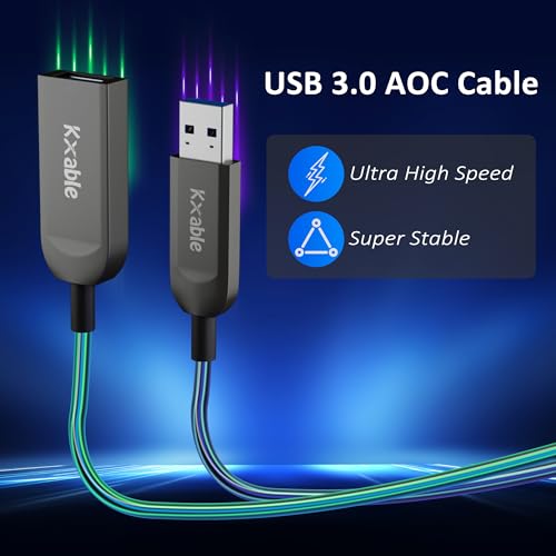Kxable USB 3.0 Extension Cable 50 Feet, USB Active Fiber Optical Male to Female Extender Cord, High Speed 5Gbps Data Transfer, Support USB 3.0 & USB 2.0, for Webcam, USB Hub, VR, Hard Drive, Printer - size: 50 Feet (Fiber Optic)