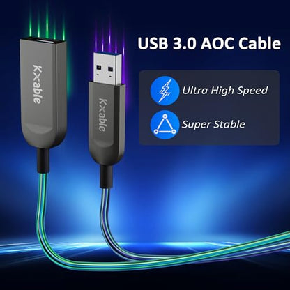 Kxable USB 3.0 Extension Cable 50 Feet, USB Active Fiber Optical Male to Female Extender Cord, High Speed 5Gbps Data Transfer, Support USB 3.0 & USB 2.0, for Webcam, USB Hub, VR, Hard Drive, Printer - size: 50 Feet (Fiber Optic)