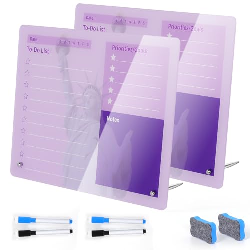 LeMotech Desktop Acrylic Dry Erase Board, 12x10 inches to-Do List Planner, Tabletop Whiteboard with Stand Office Supplies Includes 2 Markers & 1 Eraser, Purple Statue of Liberty Pattern, 2 Pack - color: Purple, size: 12"W x 10"H (2 Pack)