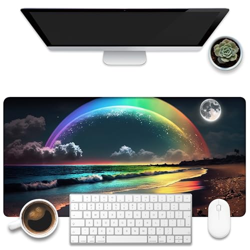 Desk Mat, Rainbow and Full Moon Desk Pad, Beach at Night Large Gaming Mouse Pad for Desk, 31.5"x15.7" Extended Big Computer Keyboard Mouse Pad with Non-Slip Base and Stitched Edge - color: Rainbow and Full Moon