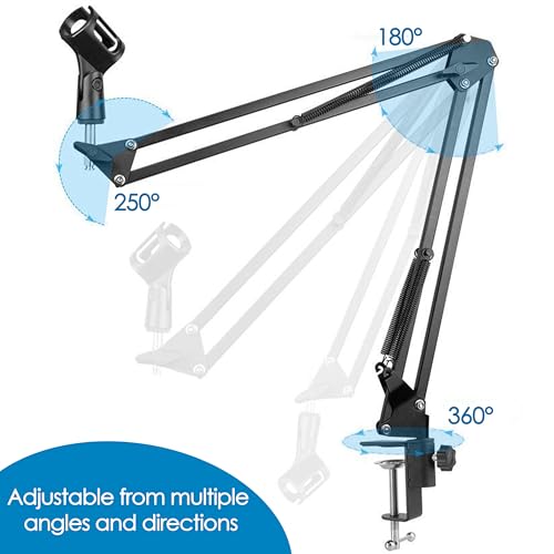 Boom Arm Microphone Mic Stand, Flexible Long Arm Clamp Clip Stand with Mount Clamp, Mic Holder with 3/8'' 5/8'' Thread Cable Ties Metal Base, for Podcast, Rotatable Foldable Adjustable - BLACK