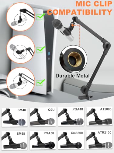Microphone Boom Arm Mic Stand, Adjustable Suspension Boom Scissor Arm Stand with Mic Clip Holder and Heavy Duty Clamp for Streaming Podcast Recording Studio