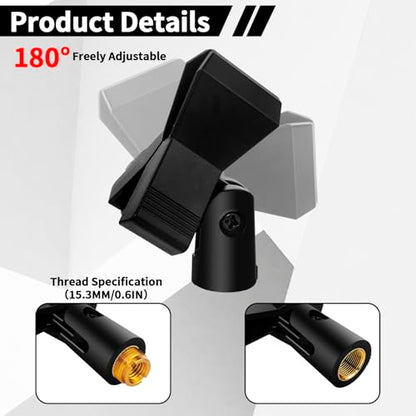 4 Pack Universal Adjustable Mic Clips for Stands, Wireless Microphone Holder with 5/8 to 3/8 Inch Adapter, 180° Adjustable Knob, Secure Clamp for Mic Stands