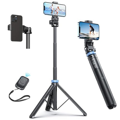 Kaiess 62" Phone Tripod & Selfie Stick, Extendable Photography Light Stand with Wireless Remote, Solidest, Portable, Lightweight, Compatible with iPhone/Android Phone - color: Black