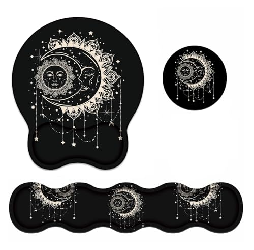 Wrist Rest Support Ergonomic Gel Mouse Pad & Memory Foam Keyboard Set, Non-Slip Rubber PU Base for Home Office Working Studying Easy Typing & Pain Relief - Celestial Theme Sun with Crescent Moon - color: Celestial Theme Sun With Crescent Moon