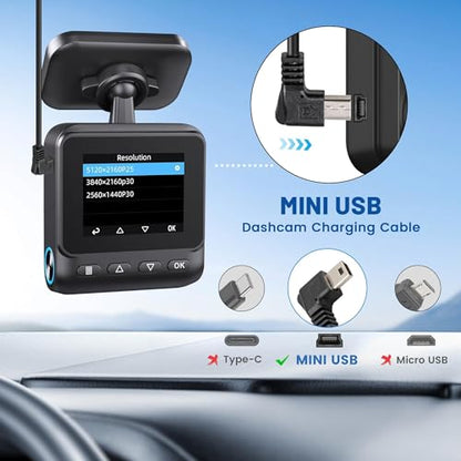 EWAY Mini USB Dash Cam Power Cable 13ft, for Rexing V1 Pro V5 V3 Byakov S6 Rove R2-4K Dashcam Dashboard Camera Recorder, USB 2.0 A to 90 Degree Left Angle Mini-B Charging Cord Car Charger Adapter