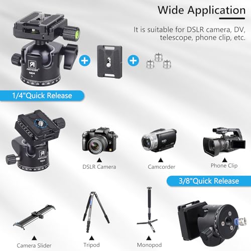 Low Profile Ball Head Heavy Duty Camera Tripod Ball Head 34mm Diameter with Two 1/4" Quick Release Plates for Camera Tripod, Monopod, DSLR,Max Load 33lbs /15kg