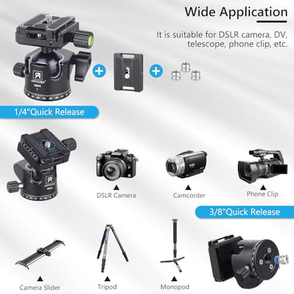 Low Profile Ball Head Heavy Duty Camera Tripod Ball Head 34mm Diameter with Two 1/4" Quick Release Plates for Camera Tripod, Monopod, DSLR,Max Load 33lbs /15kg