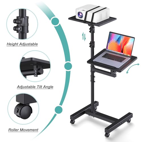 Facilife 2 Shelves Projector Stand Tripod, Height Adjustable Max 64", Mobile Laptop Cart on Wheels Projector Tripod Stand, Overbed Table with Wheels, Rolling Laptop Floor Stand for Couch
