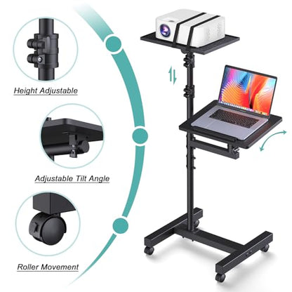 Facilife 2 Shelves Projector Stand Tripod, Height Adjustable Max 64", Mobile Laptop Cart on Wheels Projector Tripod Stand, Overbed Table with Wheels, Rolling Laptop Floor Stand for Couch