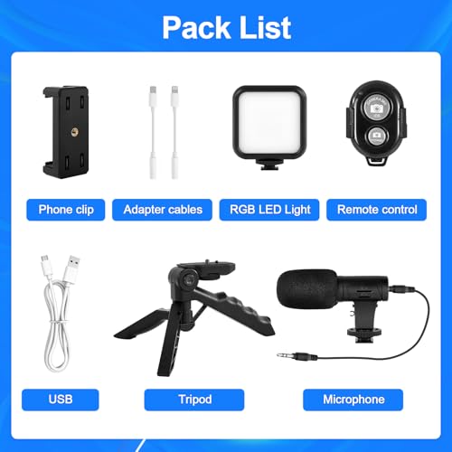 RGB Vlogging Phone Tripod with Mini RGB LED Video Light, Cardioid Microphone, Phone Holder, Compatible with iPhone & Android, for YouTube, TikTok, Instagram & Live Streaming