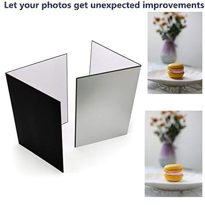 (2 Pcs) Light Reflector 3 in 1 Photography Reflector Cardboard, A4 (12x8 Inch) Size Folding Light Diffuser Board for Still Life, Product and Food Photo Shooting - Black, Silver and White, 2 Pack - size: A4