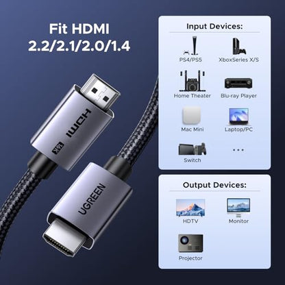 UGREEN 16K HDMI 2.2 Cable 96Gbps 6.6FT, Ultra High Speed HDMI Cord Aluminum, 4K@480Hz 12K@120Hz 8K@240Hz, HDCP 2.2&2.3, Lip eARC HDR 10 Compatible with PS5/Blu-ray/Roku TV/Switch 2/Mac mini M4