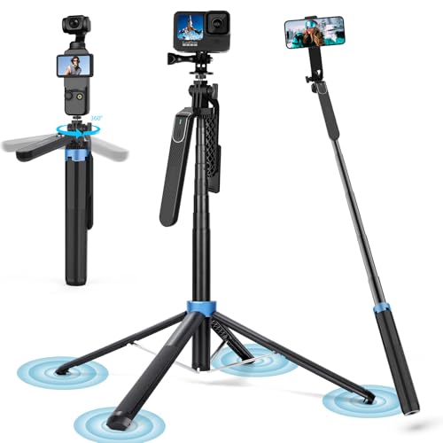 71" 4-Leg Selfie Stick Tripod for GoPro/Osmo Pocket 3/insta360/iPhone/Android, Cell Phone Tripod Stand with Remote & 360 Rotation Pan-Handle for Travel Vlogging Video Recording