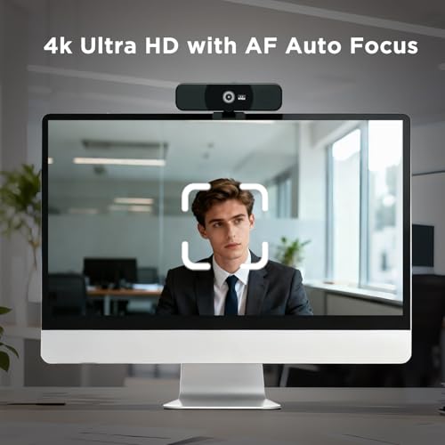 4K Webcam with Microphone and Speaker, Webcam for PC with Cover,4 Array Mics, 2 Speakers, Auto Low Light Correction, USB Camera for Online Conference/Class
